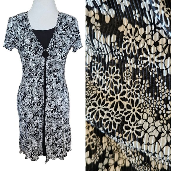 Vintage Y2K Womens Small Black Retro Floral Pleated Dress Knee Length Layered - Picture 1 of 14